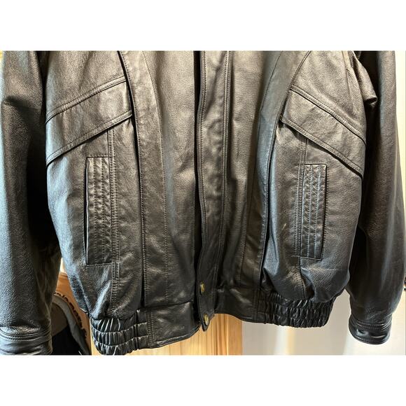 Intro Men’s Bomber Leather Jacket Size XL Y2K Vintage Black Long Sleeve Full Zip - Picture 5 of 10